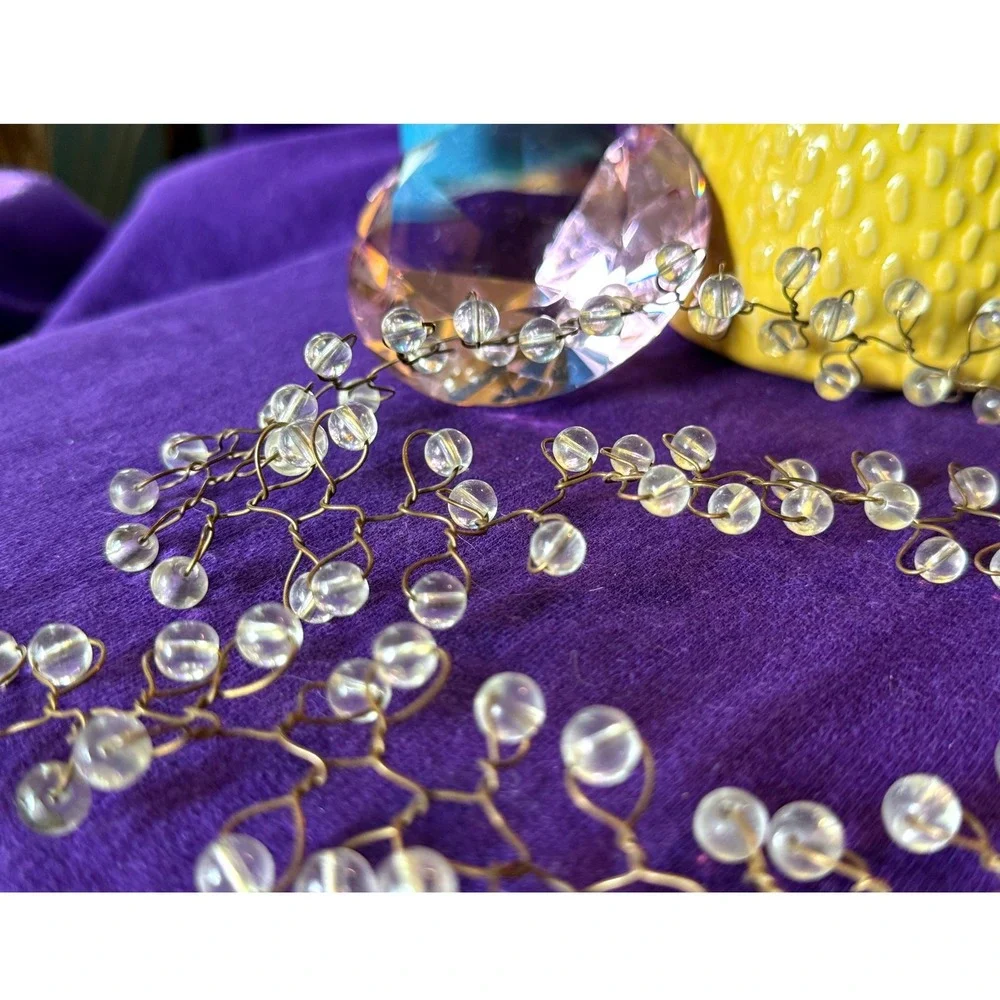 Vintage Clear Beaded Bridal Hair Vine Gold Tone Wire Wedding Headband 23 Inch